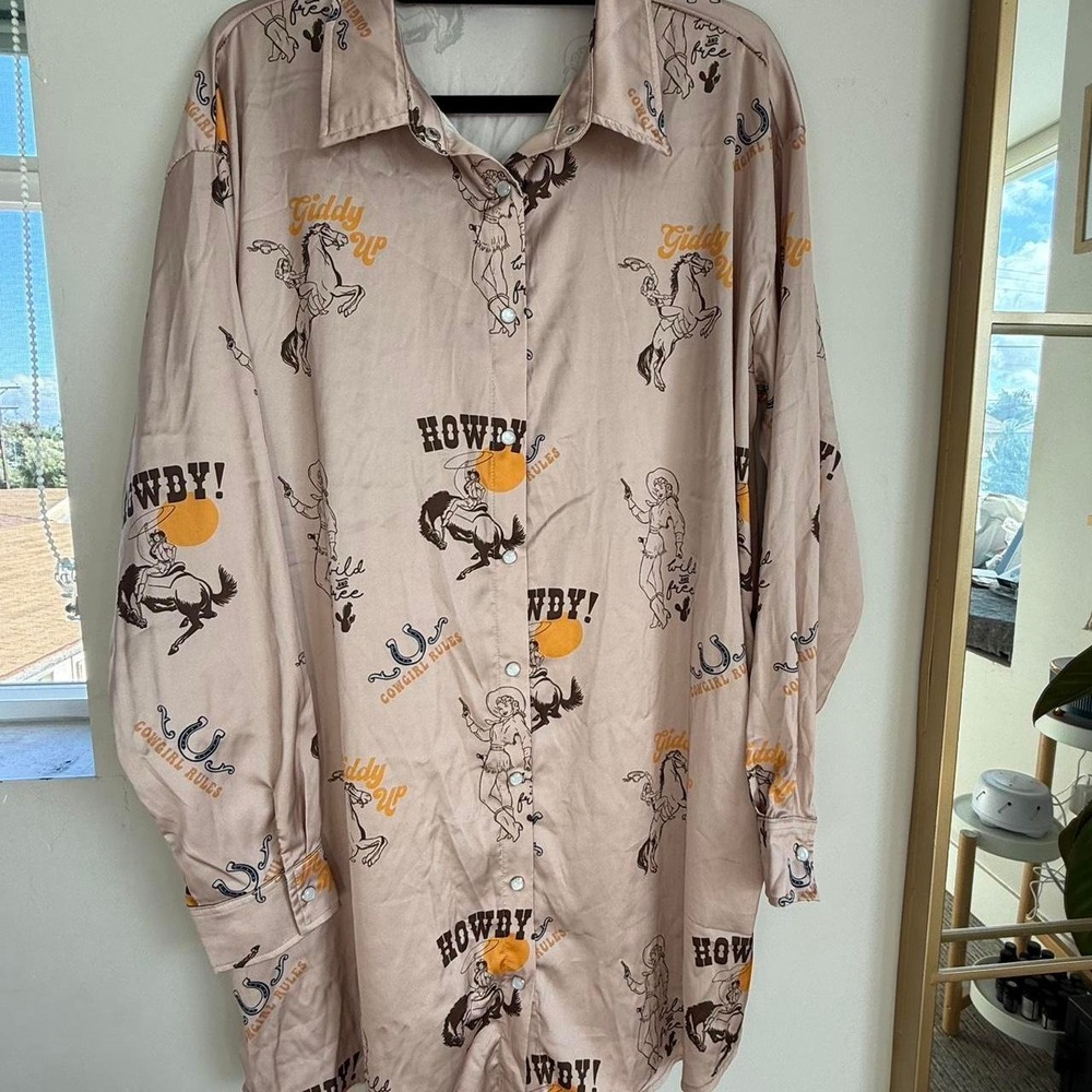 Marigold Kiss Western Cowboy Print Shirt Dress – Size XL